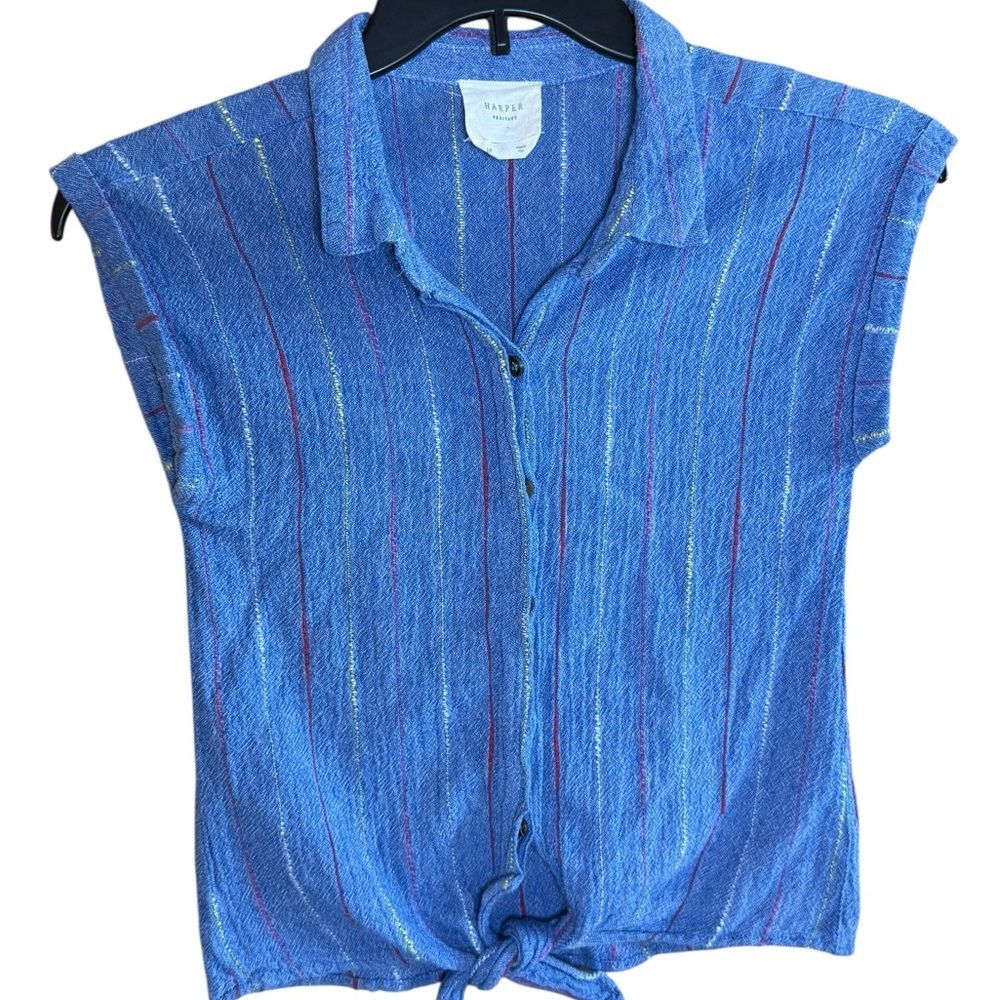 Harper Heritage Blue Multi-Color Striped Cotton Tie-Front Short Sleeve Button Up